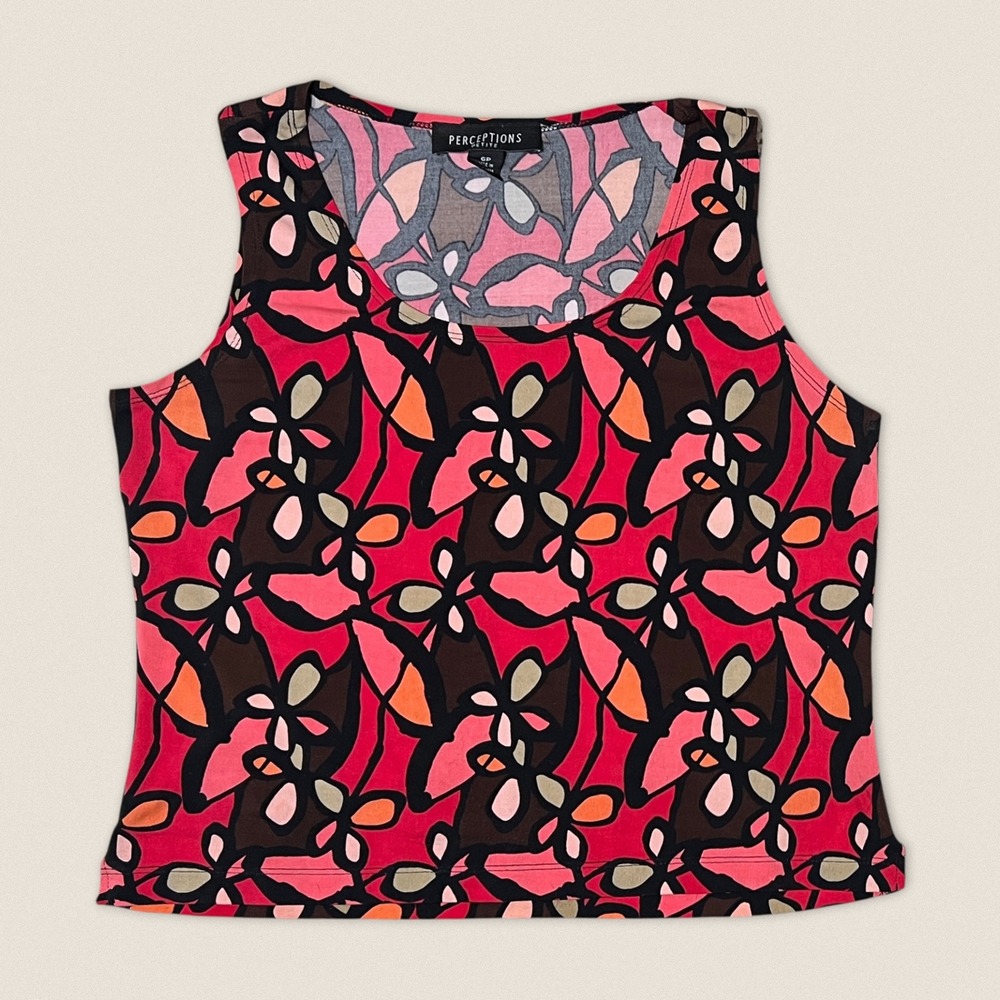 Vintage 90s Perceptions‎ Petite Abstract Floral Tank Top Red Pink Size 6P Small